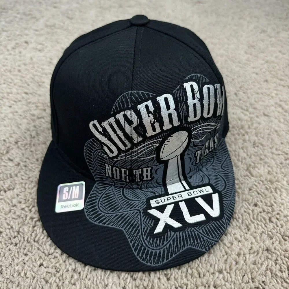 NFL Super Bowl XLV Hat Team Reebok S/M Flex Fit Black Silver North Texas Cap New